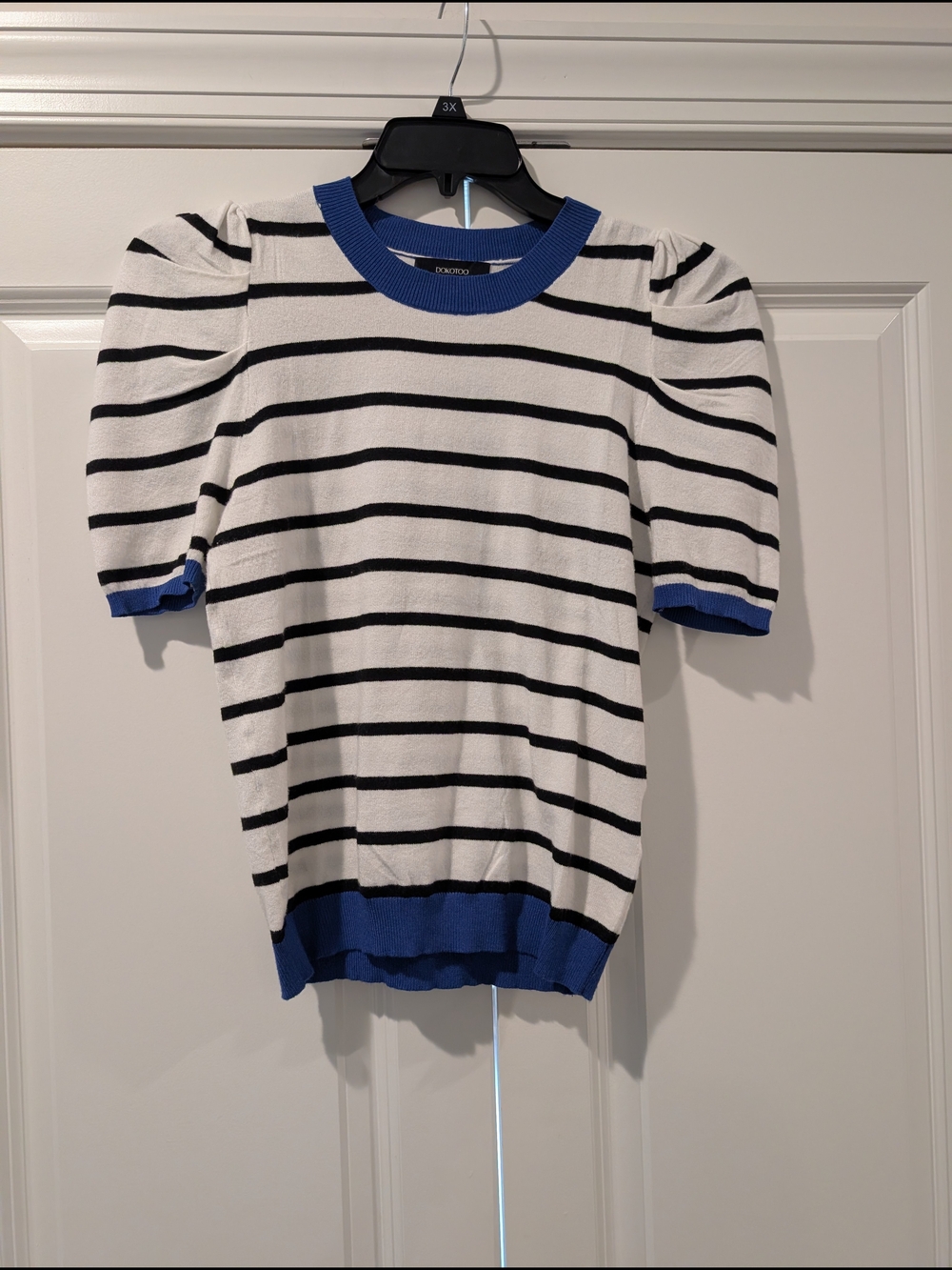Striped Puff Sleeve Top in White, Black & Blue